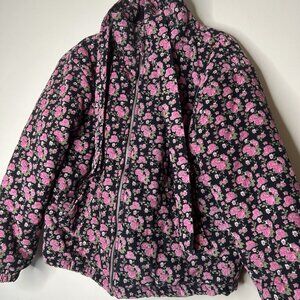 TACH Gadara Black Purple Floral Corduroy Belted Puffer Jacket Women's Medium M